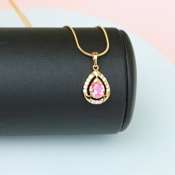 "Teardrop Pink Stone Pendant with Sparkling Accents in Gold Finish, XPPT1799 - Picture 7 of 13